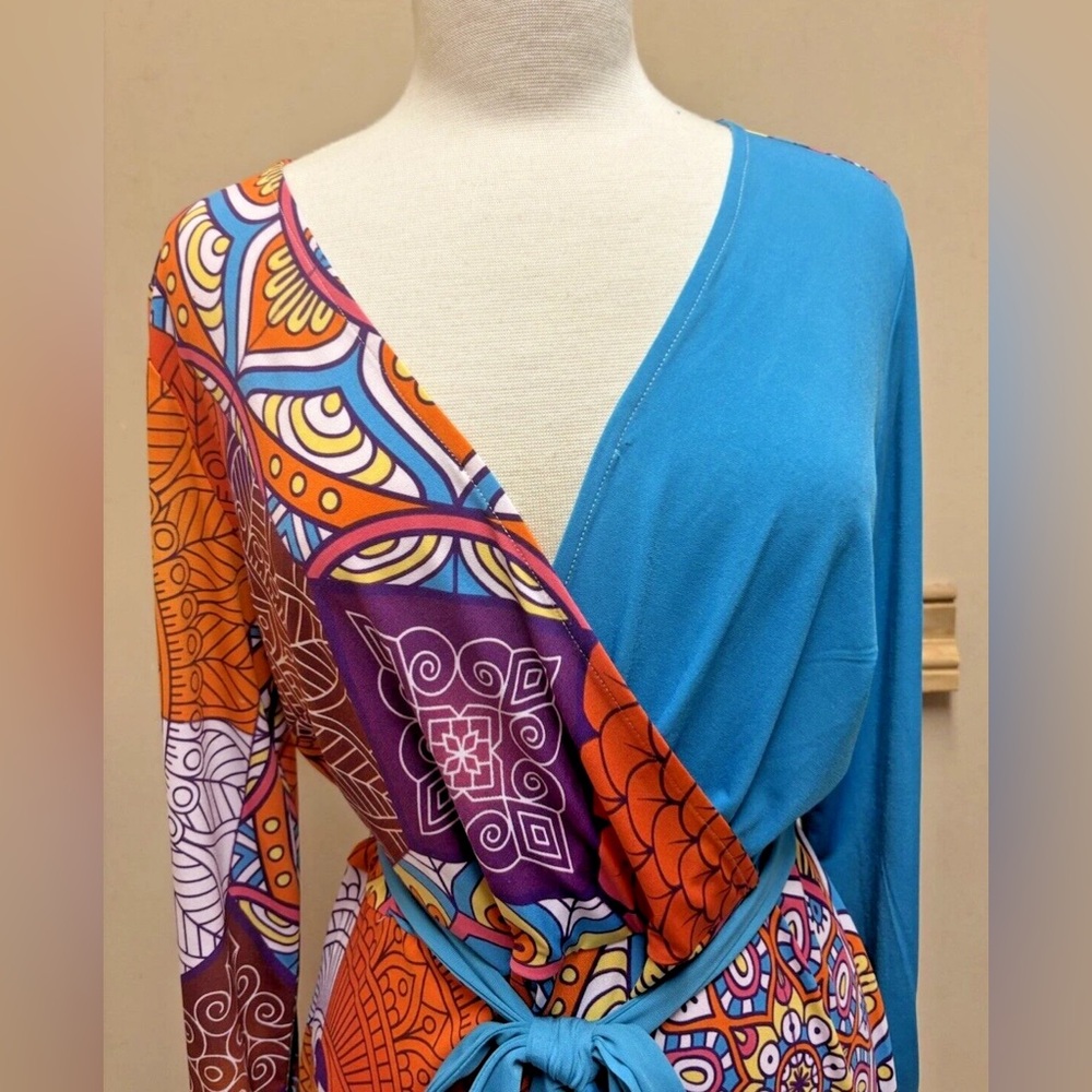 ASHRO Faux Wrap 2 Tone Boho Hippie Mod Print Midi Dress SZ L - Picture 2 of 10